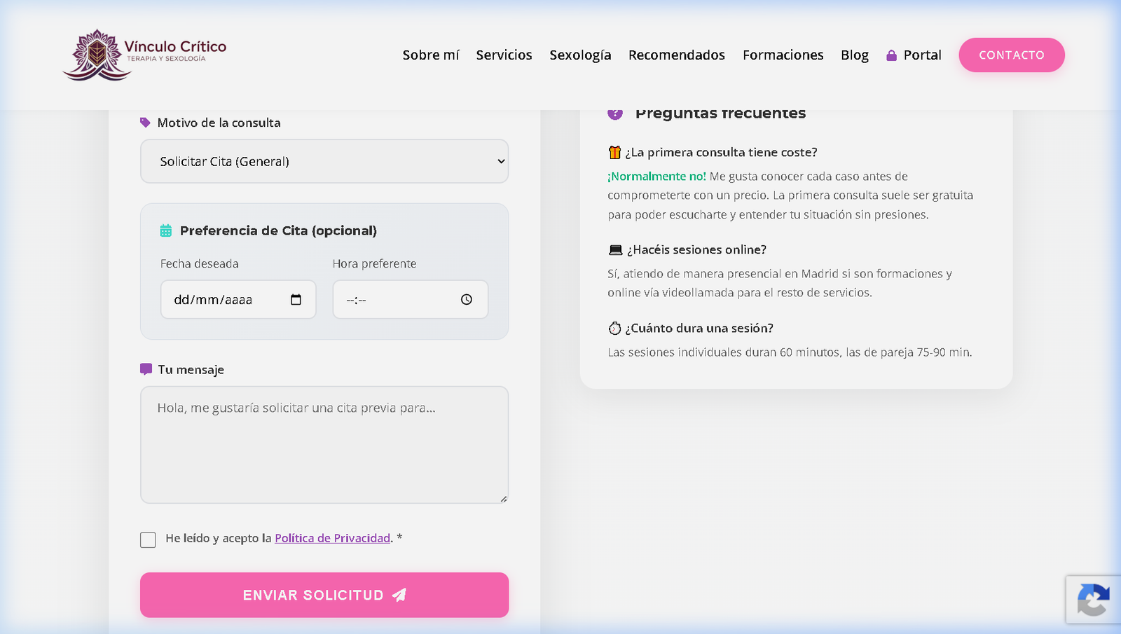 Formulario de contacto seguro y canales de comunicación directa
