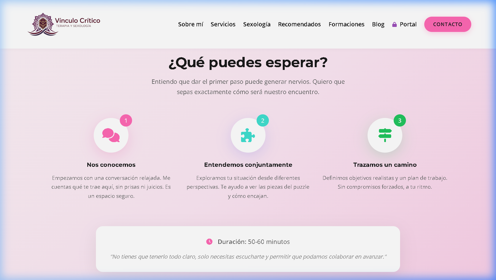 Sección explicativa de los 3 pasos de la primera sesión
