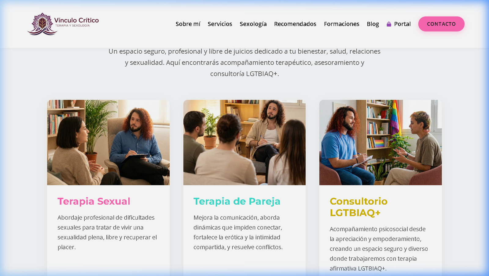 Tarjetas de servicios principales en la página de inicio